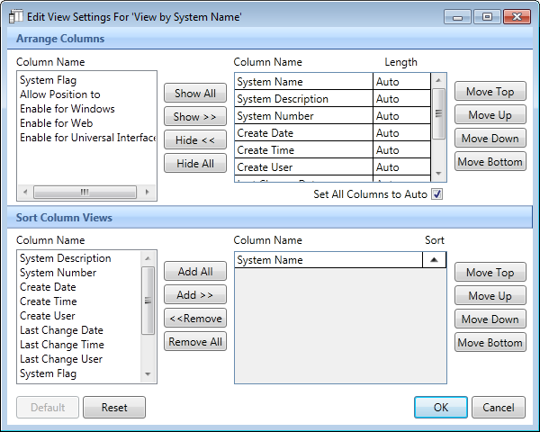 View settings options dialogue