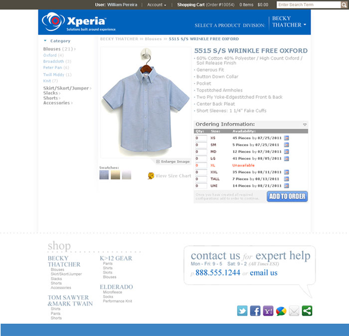 On-line catalog product screen allows customers to select quantities for the various size and color products they wish to order.